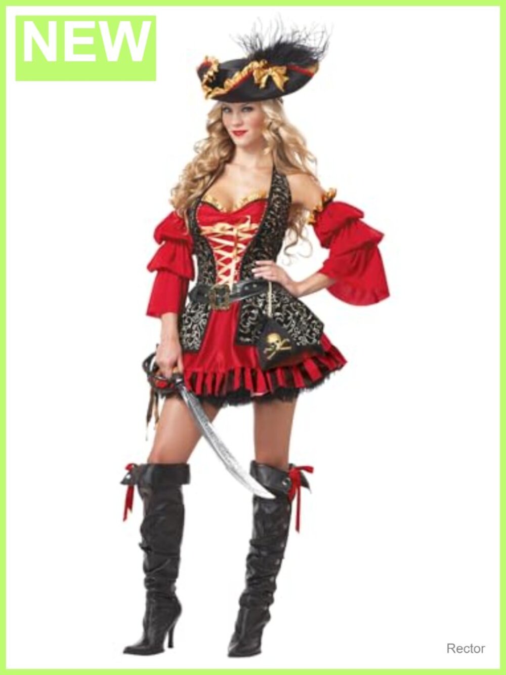 Women's Spanish Pirate Costume Dress Hat Sleeves Belt Pouch 5-Piece Set